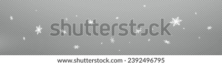Snow and snowflakes on transparent background. Winter snowfall effect of falling white snow flakes and shining, New Year snowstorm or blizzard realistic backdrop. Christmas or Xmas holidays.	