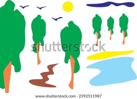 Stylized landscape. Forest, lake and sun. Nature. Vector graphics