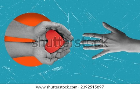 Modern art collage depicting human hands holding a heart. Contemporary design. Holidays and love. Women's Day, Valentine's Day. Greeting card.