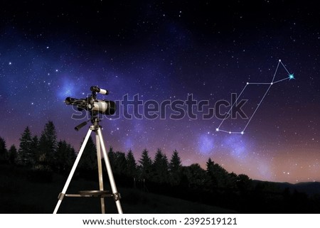 Lyra constellation in starry sky over forest at night. Stargazing with telescope Royalty-Free Stock Photo #2392519121