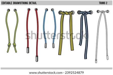 DRAWSTRING CORD FLAT SKETCH SET OF DRAW STRING WITH AGLETS FOR WAIST BAND, BAGS, SHOES, JACKETS, SHORTS, PANTS, DRESS GARMENTS, DRAWCORD AGLETS FOR CLOTHING AND ACCESSORIES Royalty-Free Stock Photo #2392524879
