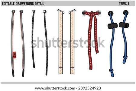 DRAWSTRING CORD FLAT SKETCH SET OF DRAW STRING WITH AGLETS FOR WAIST BAND, BAGS, SHOES, JACKETS, SHORTS, PANTS, DRESS GARMENTS, DRAWCORD AGLETS FOR CLOTHING AND ACCESSORIES VECTOR ILLUSTRATION