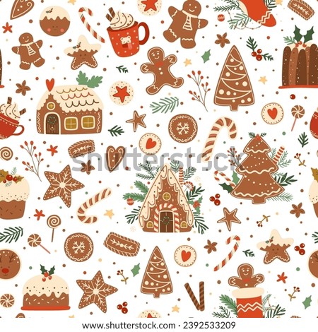 Christmas baking pattern with gingerbread houses, tree, cookies, candy cane. Sweet winter holidays dessert repeat background. Tasty vector illustration for wrapping paper, wallpaper, package design. Royalty-Free Stock Photo #2392533209