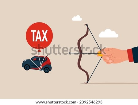 Businessman trying to shoot arrows with bow to hit the car tax balloon. Flat vector illustration
