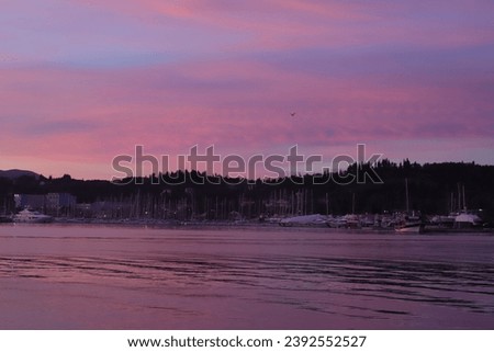 A Purple, Pink and Blue Sky Sunrise or Sunset over a Bay and Marina with Yachts, Power and Fishing Boats. There's Trees and distant Hills silhouetted. The Sea's calm and the Vibrant Sky is reflected. Royalty-Free Stock Photo #2392552527