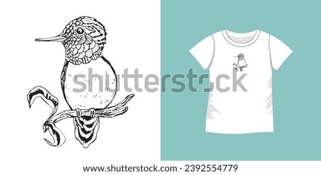 T-shirt with bird pattern. Women jersey, sport uniform kit, short fashion top, round neck blouse.  Sketch Illustration. Template mock up.