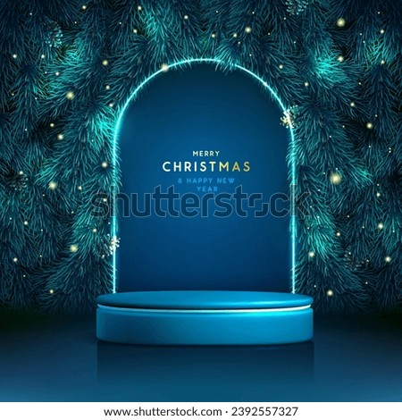 Holiday Christmas showcase blue sparkle background with 3d podium and Christmas tree texture. Abstract minimal scene. Vector illustration