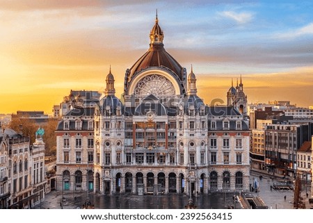 Antwerp, Belgium cityscape at Centraal Railway Station at dawn. Royalty-Free Stock Photo #2392563415