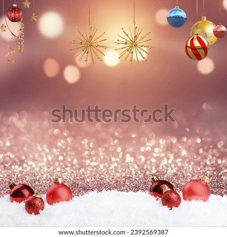 Christmas photo with gold rose background and pink glitter with Christmas decorations such as red, gold, blue and pink balls, decoration representing fireworks and snow