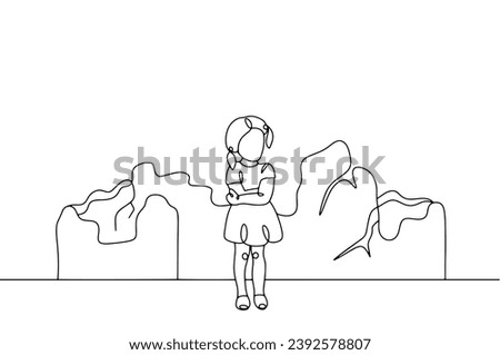 An orphan girl near the ruins of a house destroyed by war. World Day of War Orphans. Vector illustration. Images produced without the use of any form of AI software at any stage.  Royalty-Free Stock Photo #2392578807