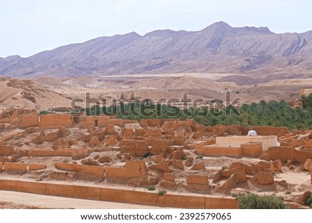 A picture of the city of Tamerza dazzling with the beauty of its traditional Berber architecture, where mud and straw buildings blend in with the surrounding nature.