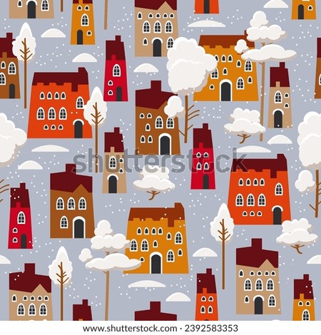 Christmas seamless pattern with winter houses, trees and other elements.