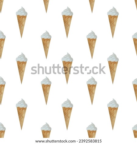 pattern hand-drawn watercolor ice cream illustration, ice cream in a waffle cone, cake