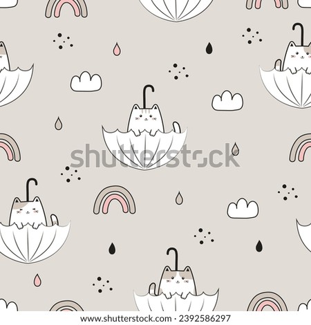 Cute Seamless Pattern with Funny  Kawaii Cat and Umbrella in the sky. Childish Doodle Cartoon Animals Background. Vector illustration