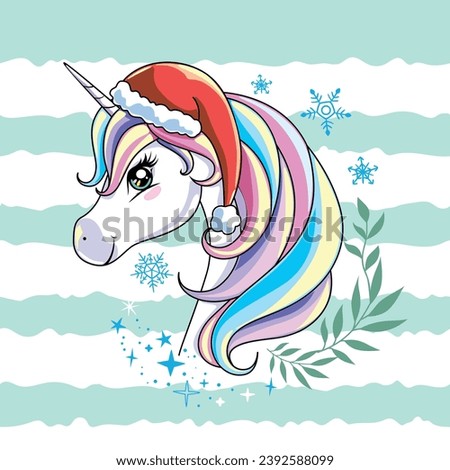 Cute hand drawn unicorn nursery art. Christmas and New Year theme. Postcard with magical pony. Fairy tale theme, doodle style.