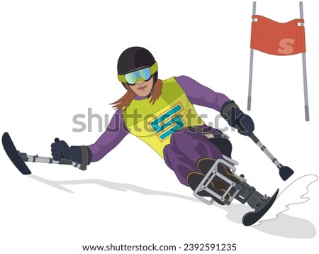 para sports alpine skiing, female skier with a physical disability sitting in specialized mono-ski downhill on with flag isolated on a white background Royalty-Free Stock Photo #2392591235