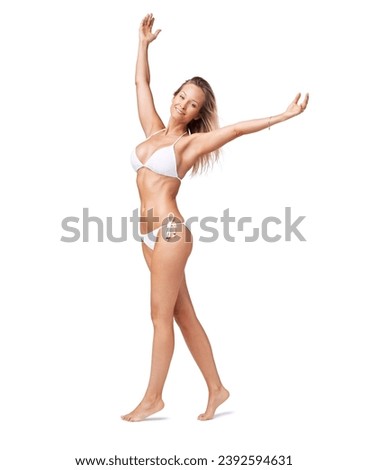 Portrait, stretching and woman with underwear, wellness and fitness isolated on white studio background. Person, girl and model with happiness, bikini and health with a smile, mockup space and energy Royalty-Free Stock Photo #2392594631