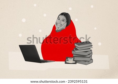 Collage picture image of cute funny girl wrapped in plaid reading literature weekend cozy atmosphere home isolated on painted background