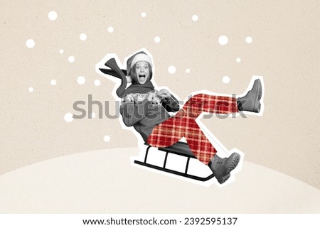 Collage picture image of positive cheerful girl riding sledge snowy hill col weather outside isolated on drawing background
