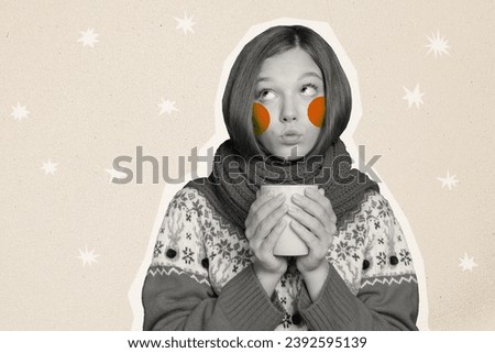 Picture image collage of dreamy cute girl drinking hot tea enjoying cozy new year time isolated on painted background