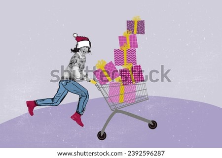 Creative drawing collage picture of funny energetic female runner trolley gifts new year x-mas magazine sketch christmas shopping advert