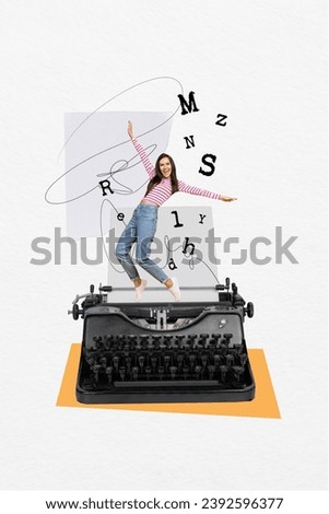 Creative poster collage of young positive lady typewriter letters journalist novel writing surrealism template metaphor artwork concept