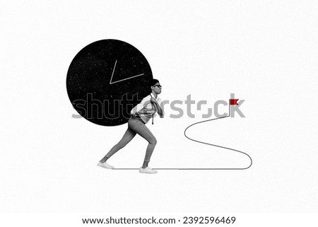 Artwork collage picture of mini black white colors person carry huge painted watch clock walk string path destination flag Royalty-Free Stock Photo #2392596469