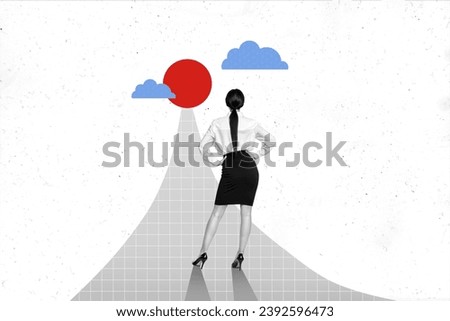 Composite picture collage photo rear view manager girl looking far away long way to success ready for marathon isolated on white background