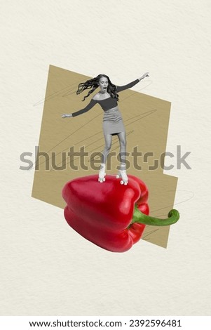 Creative drawing collage picture of young female roller skating pepper paprika cook eat food surrealism template metaphor artwork concept