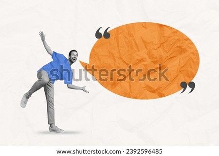 Creative trend collage of happy excited man speech bubble communication contact tell speak surrealism template metaphor artwork concept