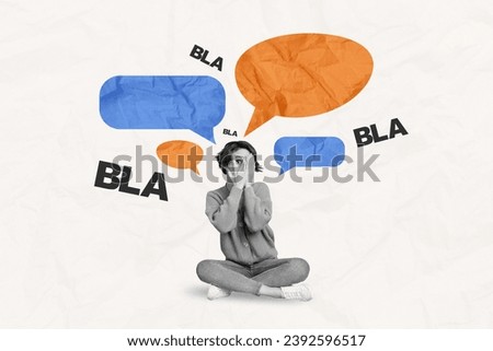 Creative drawing collage picture of shy woman avoid bla gossip speech bubble speak tell talk surrealism template metaphor artwork concept