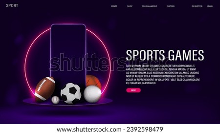 A web banner with a smartphone and balls for football, basketball, volleyball and baseball on a 3d podium with a neon frame on a purple background. A concept for sports betting.