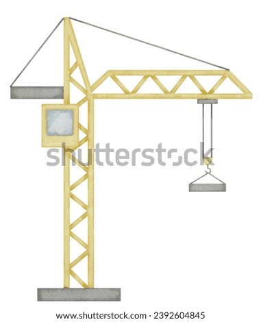 Lifting Crane Watercolor illustration. Hand drawn clip art of baby toy yellow hoisting vehicle on isolated background. Drawing of building equipment. Sketch of an elevating machine for construction.
