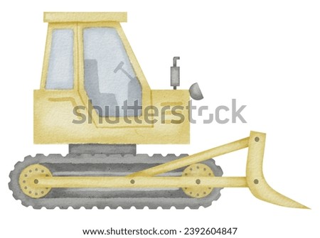 Bulldozer Watercolor illustration. Hand drawn clip art of baby toy yellow Dozer on isolated background. Truck drawing for prints on a boys t-shirt. Construction vehicle sketch.