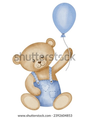 Teddy Bear with balloon watercolor illustration. Hand drawn sketch of little cute animal in pastel brown and blue colors for Baby shower invitations or happy birthday greeting cards. Childish drawing.