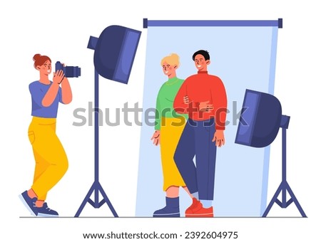 People in photo studio concept. Photographer with clients near softboxes. Papparazzi with lights make photography of couple. Cartoon flat vector illustration isolated on white background Royalty-Free Stock Photo #2392604975