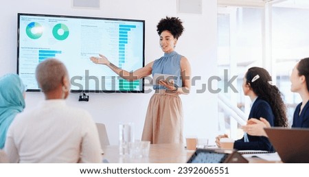 Presentation, data and motivation, woman at meeting in office with graphs and charts for statistics at startup. Analytics, performance report and manager with feedback speaking at training seminar. Royalty-Free Stock Photo #2392606551