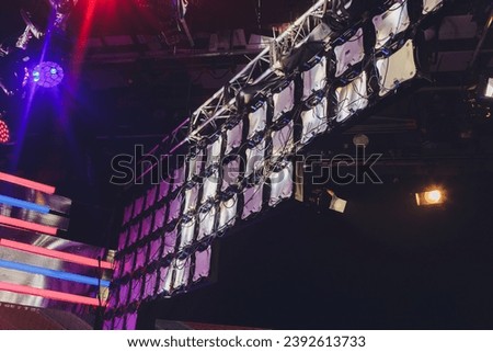 Modular LED display for a display screen wall to project video walls on the mounted led modular panel system. grid video rgb diode light mesh equipment for video grip billboard digital screen panel