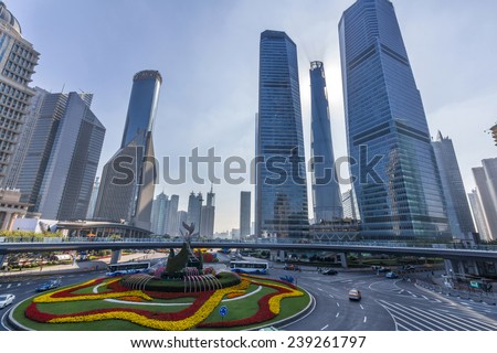 Skyscrapers in Lujiazui area in Shanghai, China with morning sun light