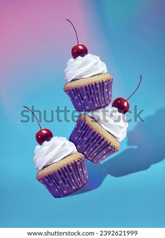 Cheerful and Bright Suspended Cupcakes with Festive Toppings - Unique Image for Confectionery Advertising and Baking Workshop Posters