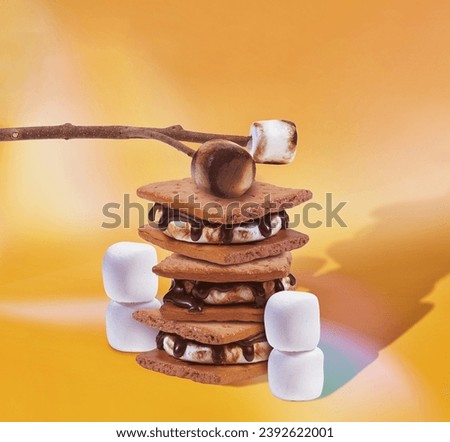 S'mores Construction with Gooey Marshmallows - Radiant Yellow Background for Culinary Workshop Posters