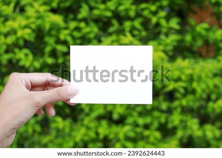 Woman hand holding white blank paper business card. Mockup of paper card on green leaves background. 