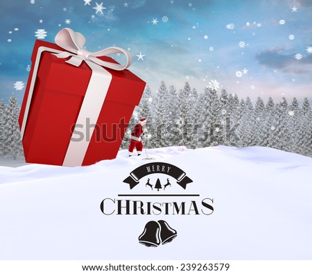 Santa delivering large gift against snowy landscape with fir trees