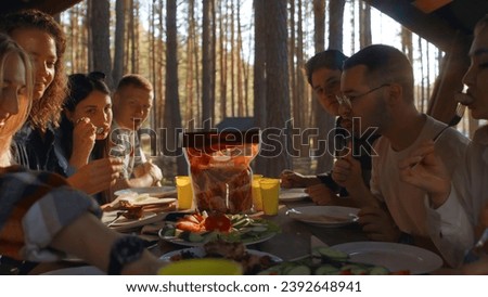 Friends eat in gazebo in nature. Stock footage. Relaxing with friends and barbecue in woods on sunny summer day. Friends eat barbecue at table