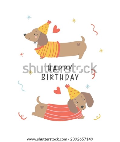Cute Birthday card with Dachshund Dogs wear party hat. Kawaii greeting card cartoon hand drawing flat design graphic illustration.