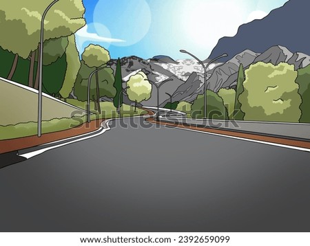 Path to the Mountain with street lights, Blue Sky, Sunny Day, Asphalt Road, Trees, Cartoon Background Illustration