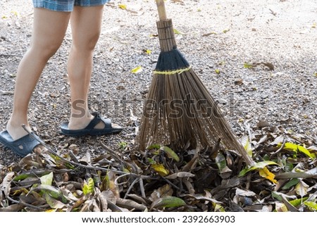 A woman sweeps fallen leaves from trees with a broom in the garden at her home.