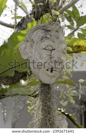 Vertical photo of a hanged human head pot sculpture in a garden setting with a facial expression showing incomplete teeth. With Roots and plants on a sunny day. Royalty-Free Stock Photo #2392671641