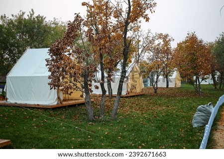Trees with orange leaves in the park. Atmosphere in a public park during autumn. Tents for camping in a city park. Perfect for city camping photo illustration, etc. 