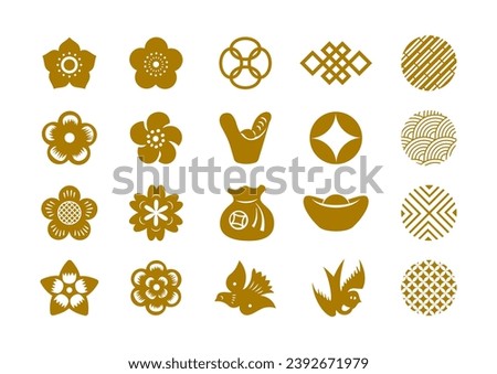 Chinese traditional icon set. flower, knots, money, Gold ingot, coins, pattern, decoration, background, lucky charm, lucky bag, birds. Asian lunar new year clip art. frame, border and ornament.